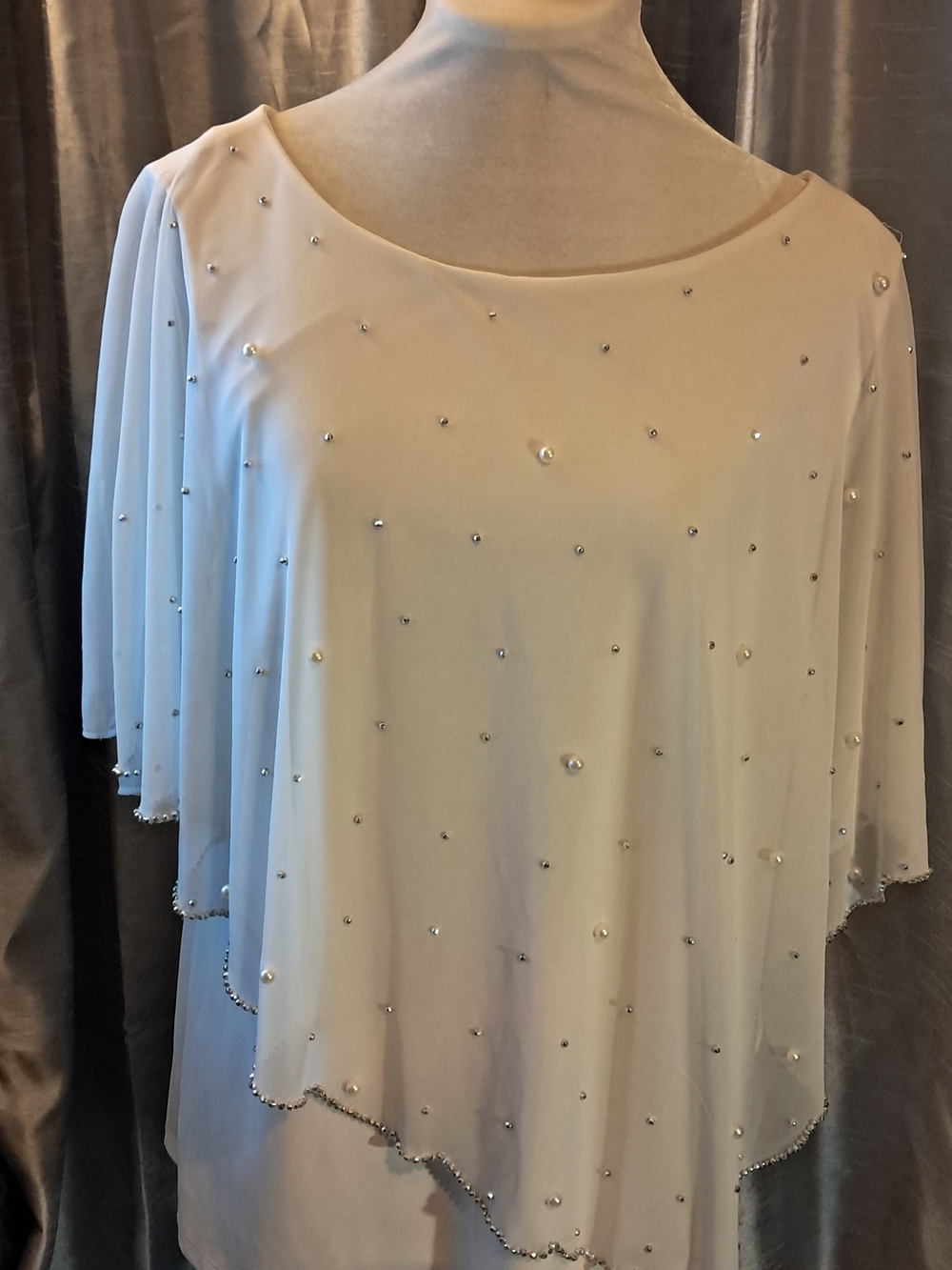 MSK Ivory Pearl & Rhinestone Asymetrical Capelet Top